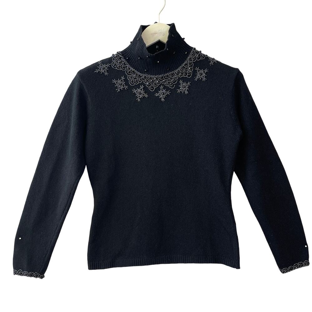 VINTAGE 80s Jet Beaded Turtleneck Sweater Size S/M